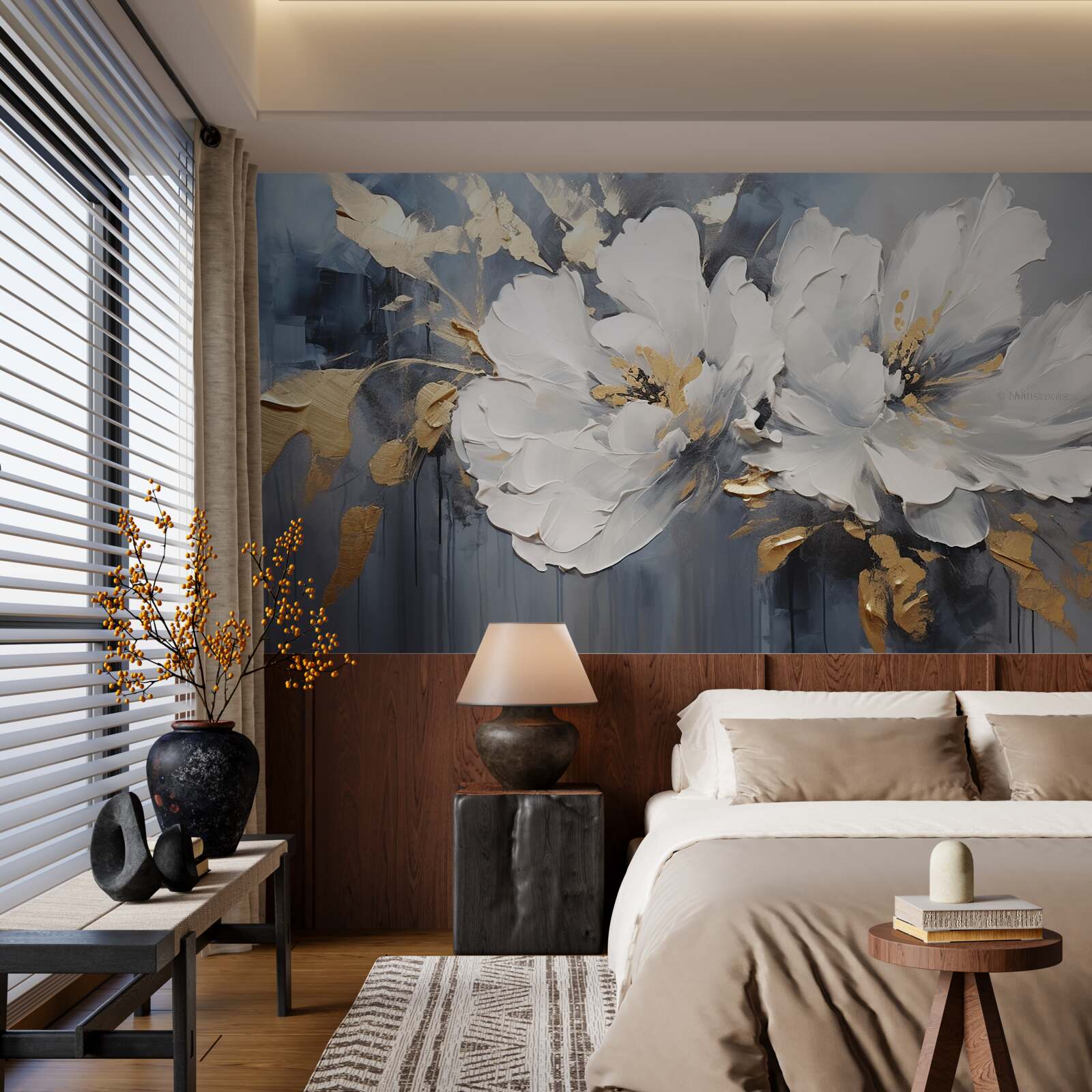 Fotobehang tijdens een regenbui, zachte sneeuwwitte knoppen