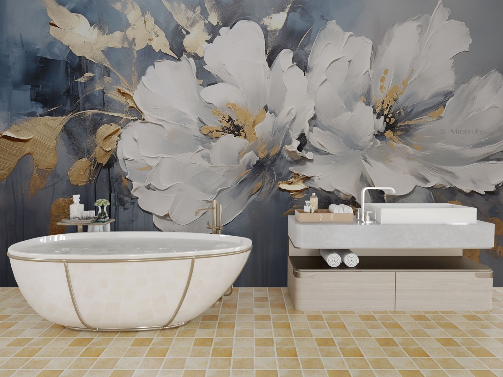 Fotobehang tijdens een regenbui, zachte sneeuwwitte knoppen