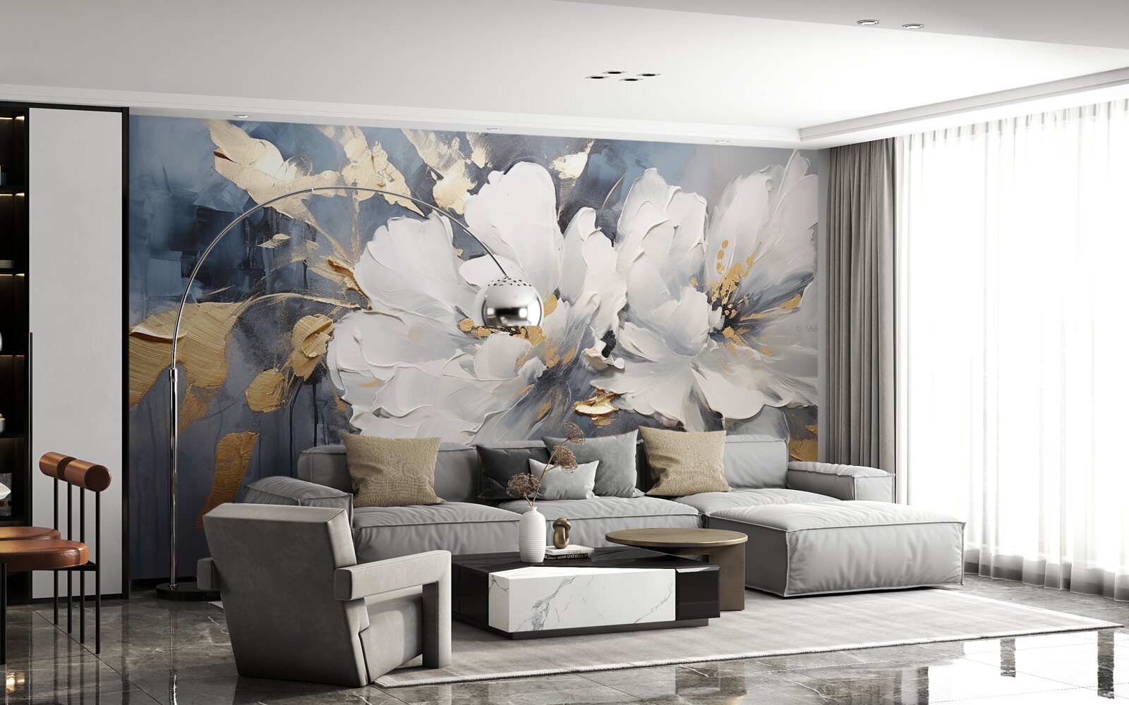 Fotobehang tijdens een regenbui, zachte sneeuwwitte knoppen