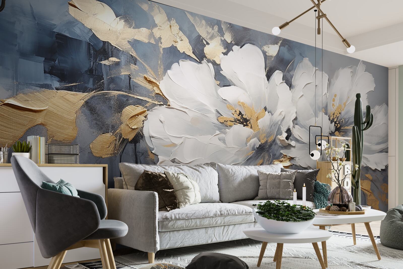 Fotobehang tijdens een regenbui, zachte sneeuwwitte knoppen