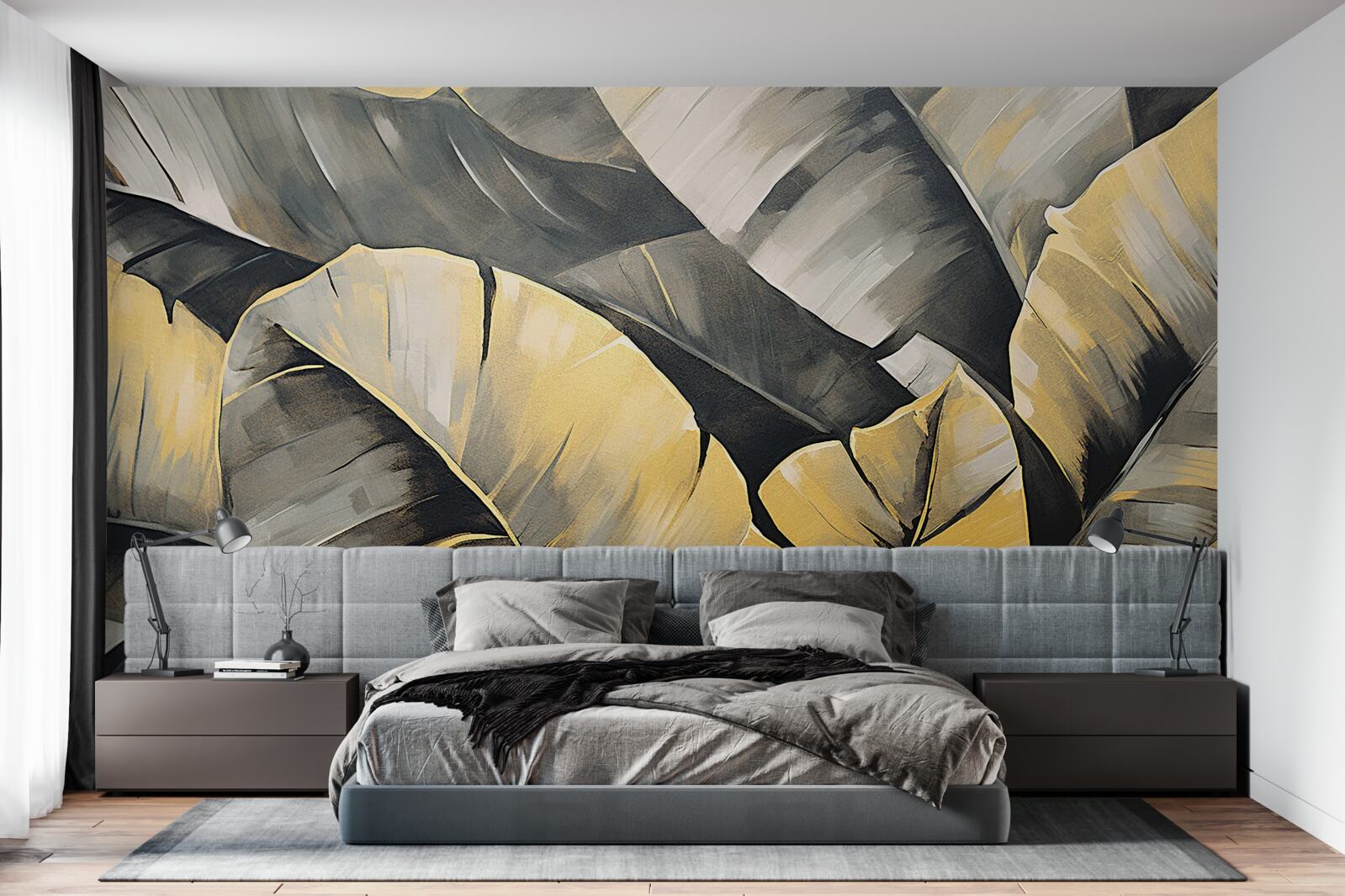 Fotobehang zwarte en gouden bladeren