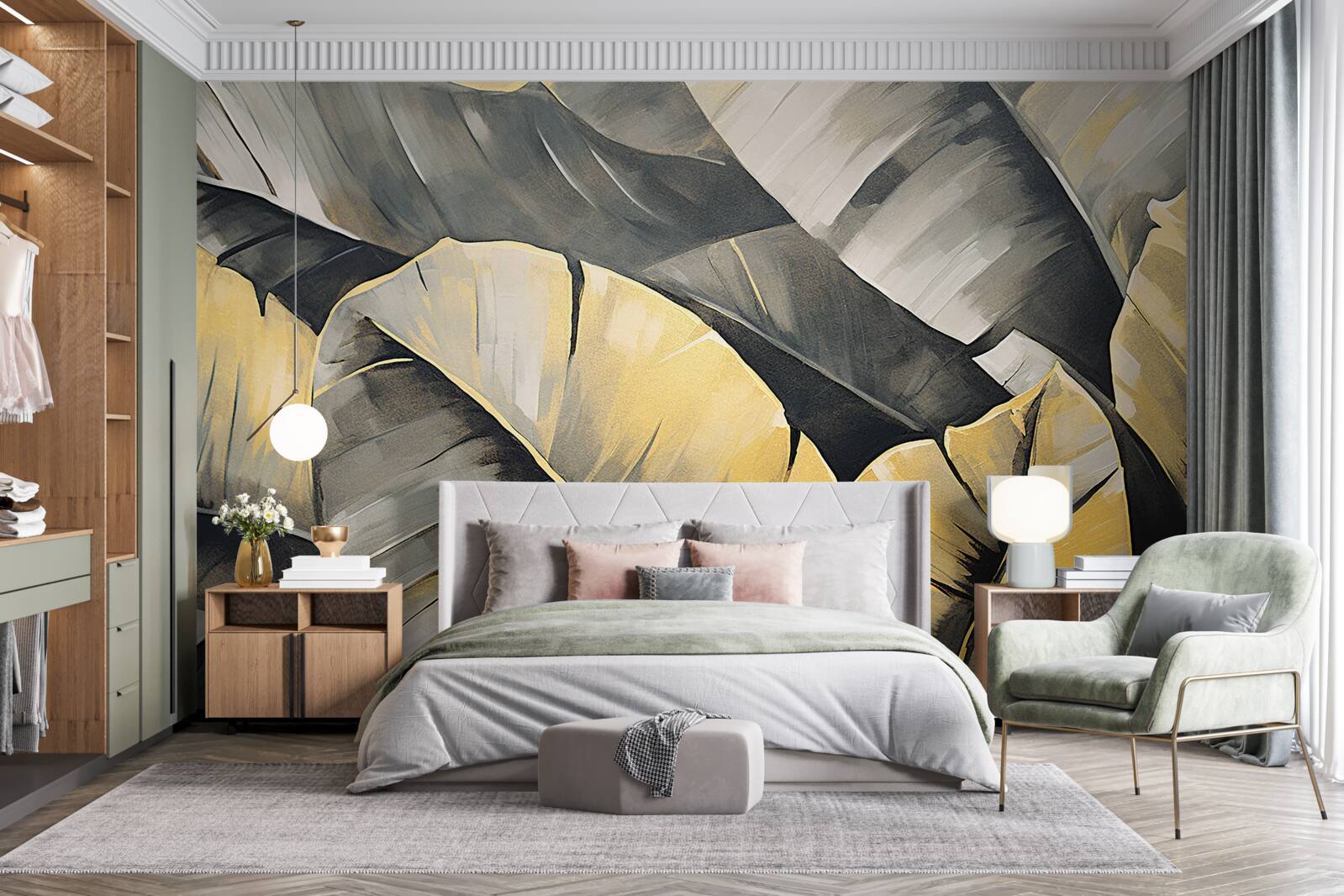 Fotobehang zwarte en gouden bladeren