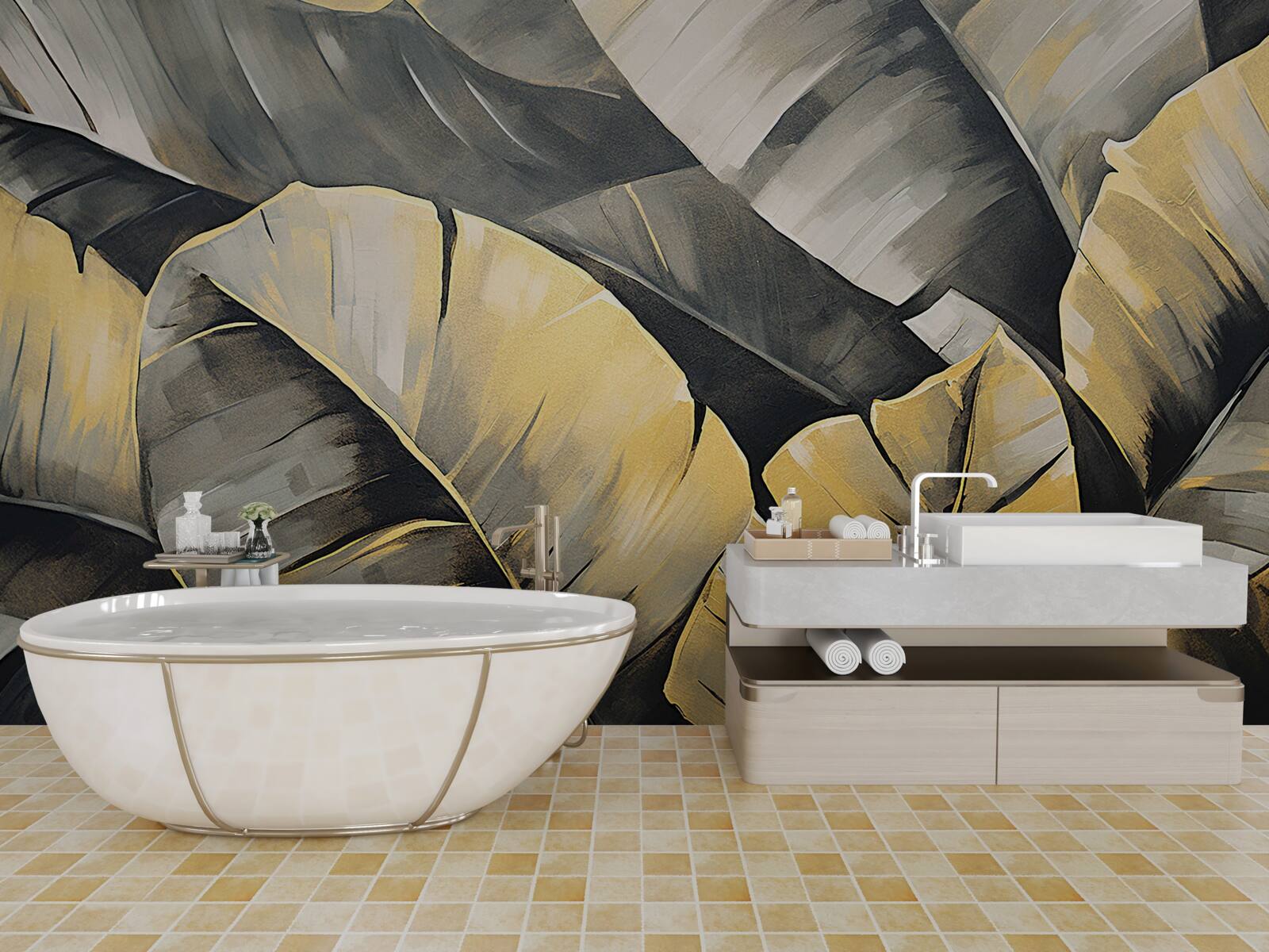 Fotobehang zwarte en gouden bladeren