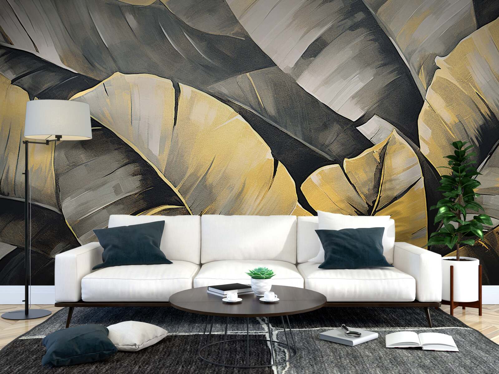 Fotobehang zwarte en gouden bladeren