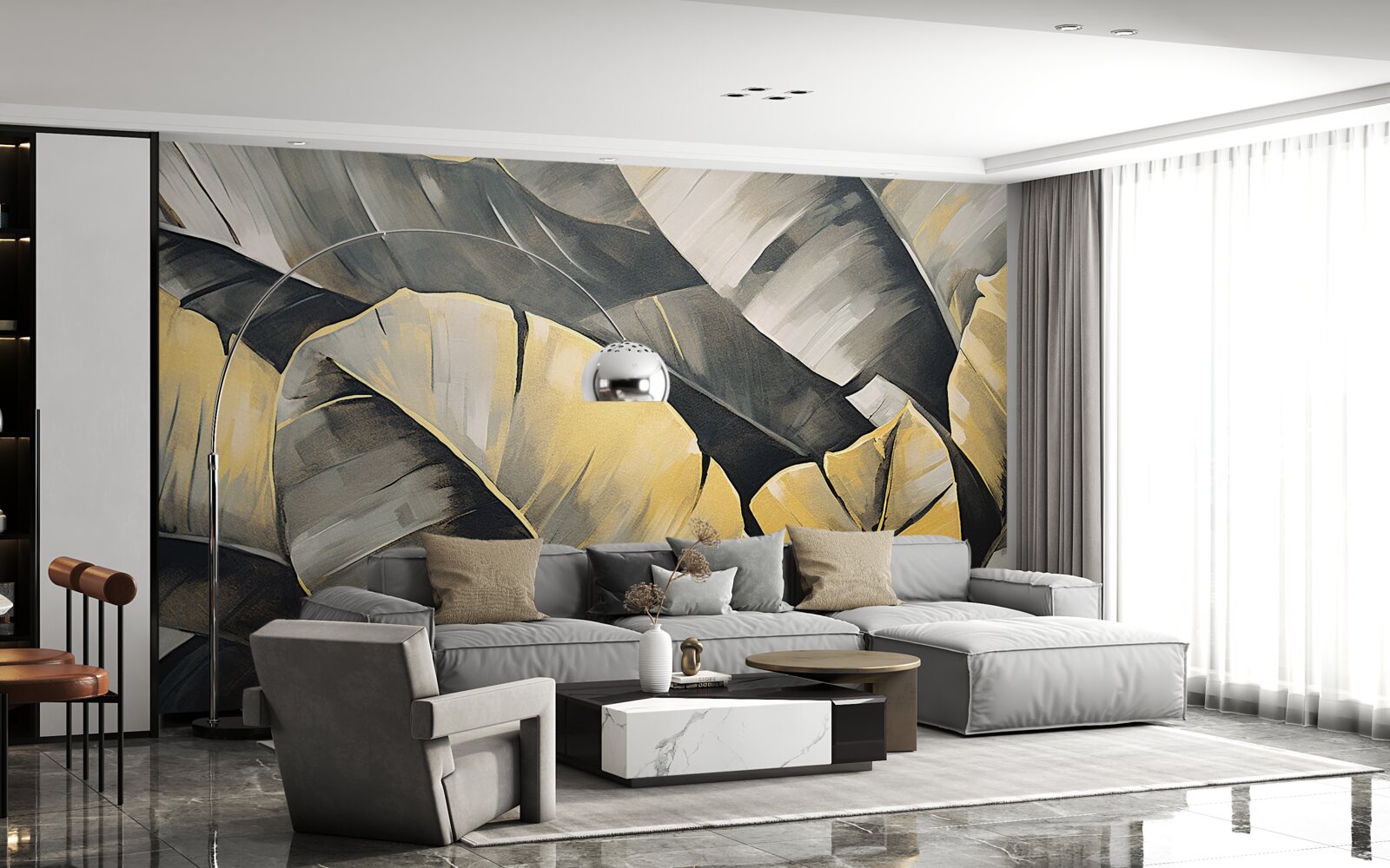 Fotobehang zwarte en gouden bladeren