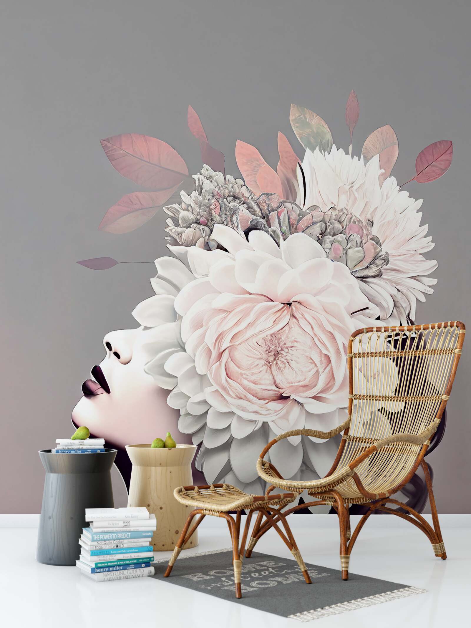 Fotobehang jonge vrouw met bloemen die haar haar versieren