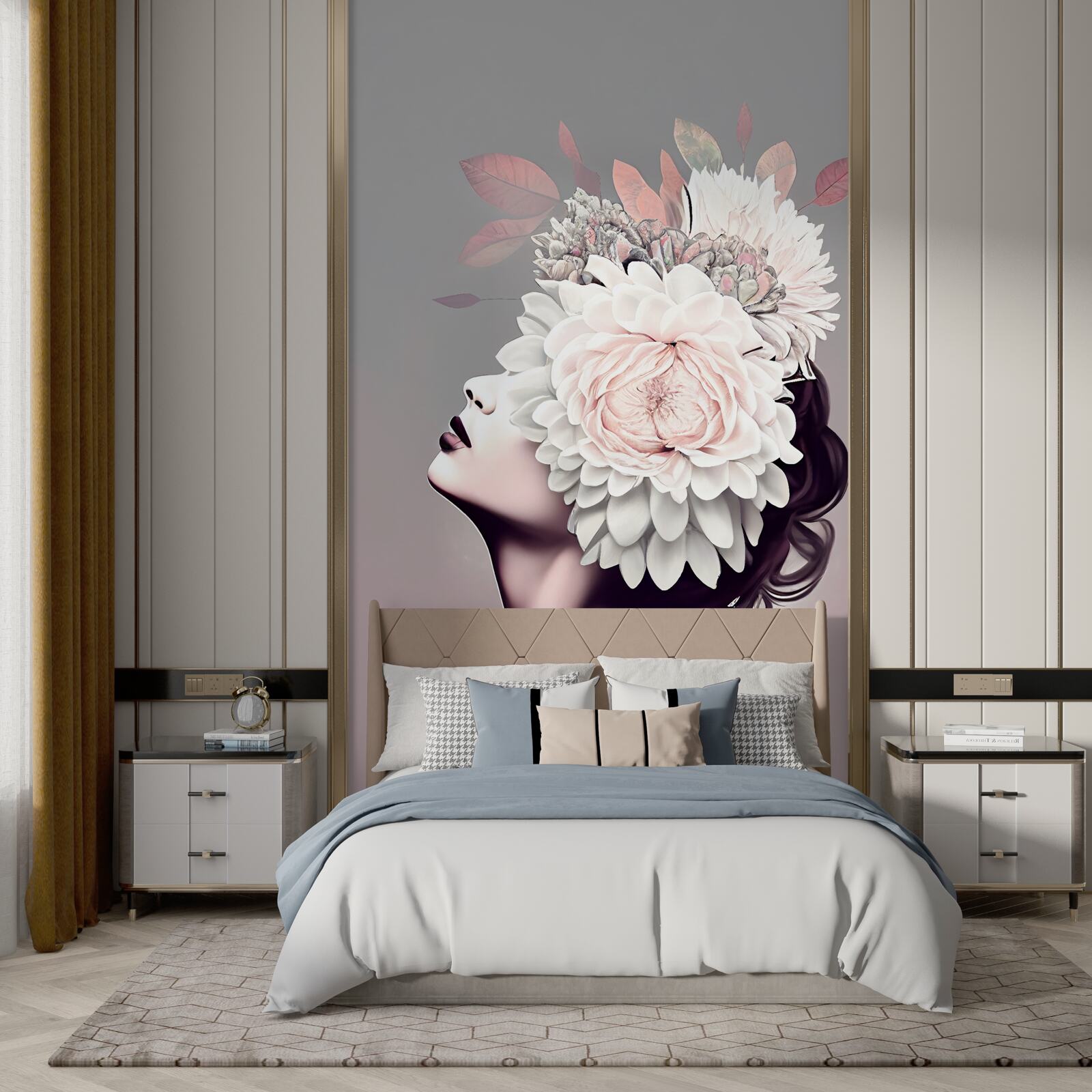 Fotobehang jonge vrouw met bloemen die haar haar versieren