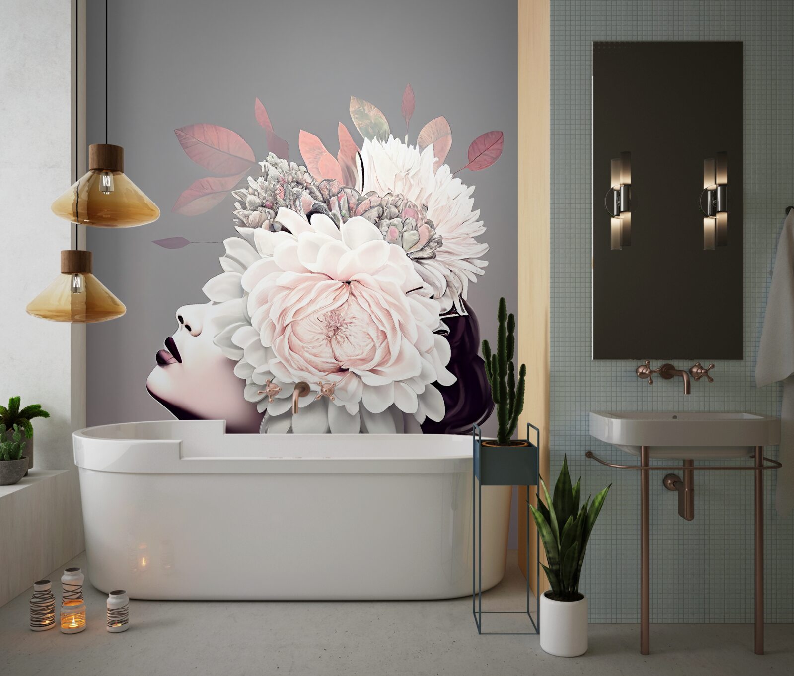 Fotobehang jonge vrouw met bloemen die haar haar versieren