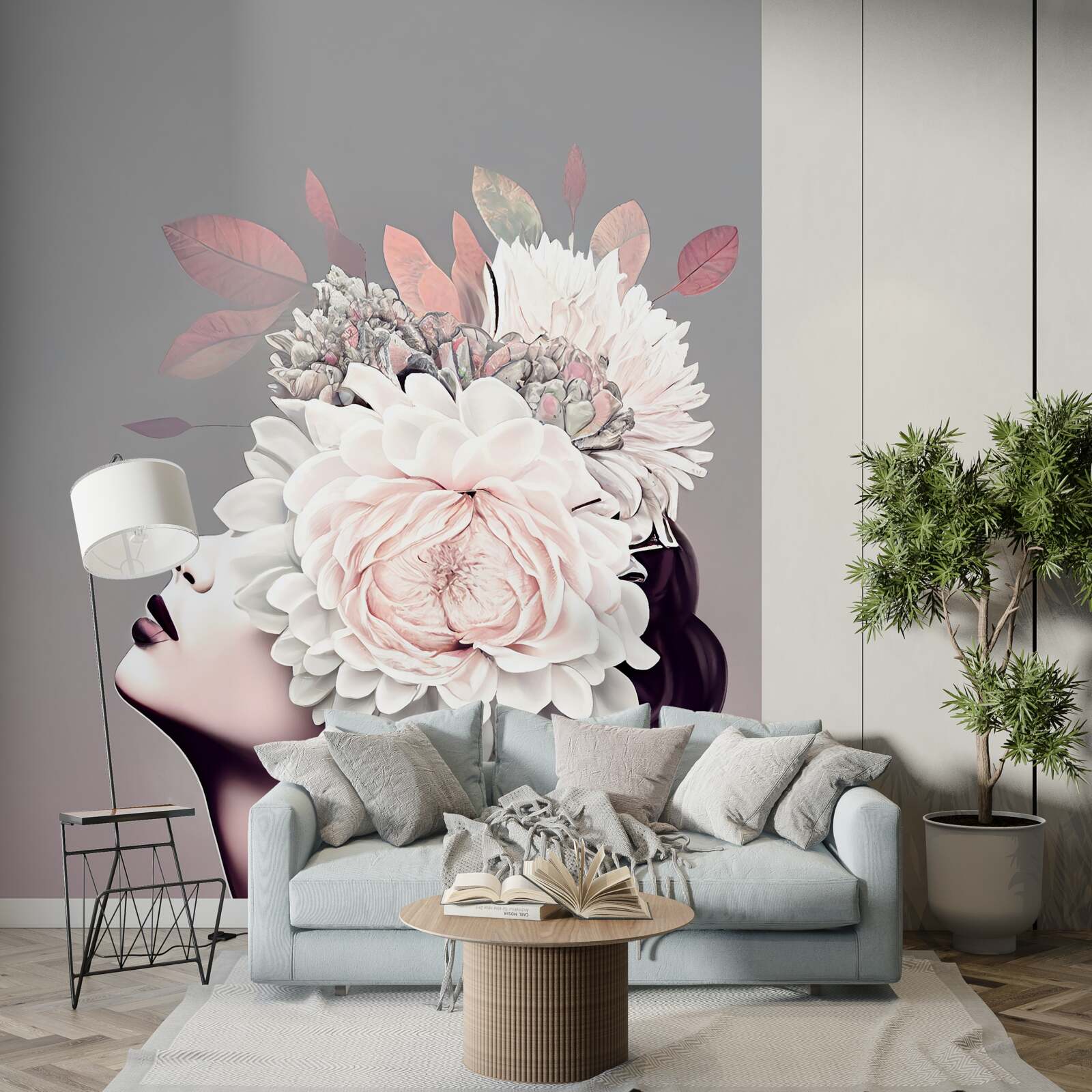 Fotobehang jonge vrouw met bloemen die haar haar versieren