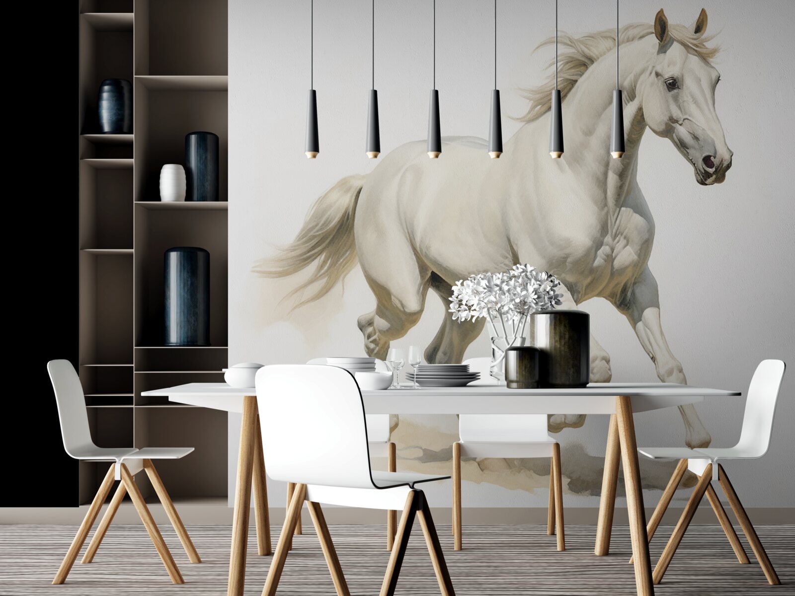 Fotobehang een lichtgewicht hengst racet over een zandvlakte