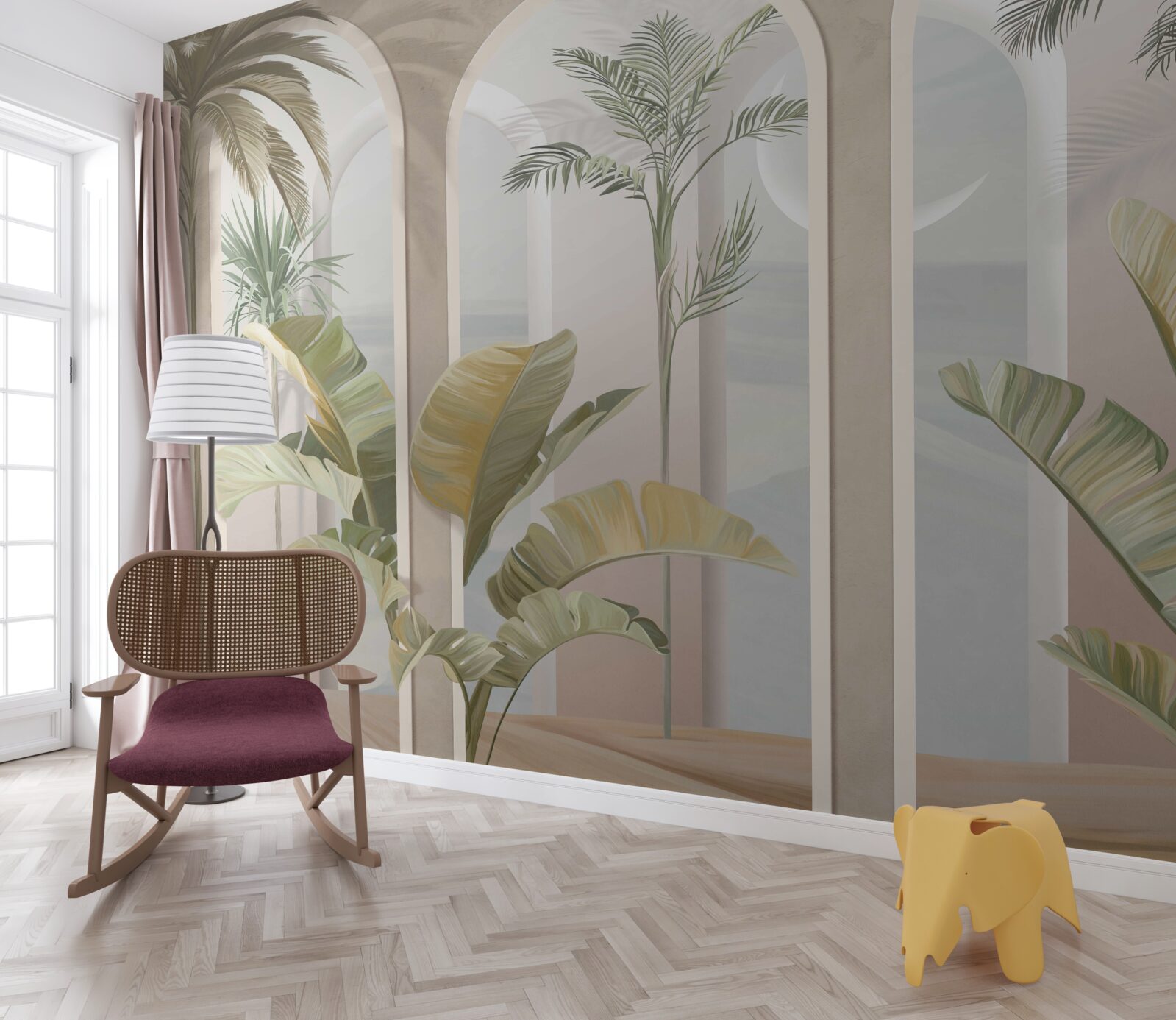 Fotobehang palmbomen en varens onder hoge bogen