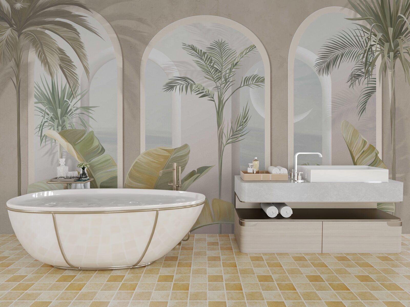 Fotobehang palmbomen en varens onder hoge bogen