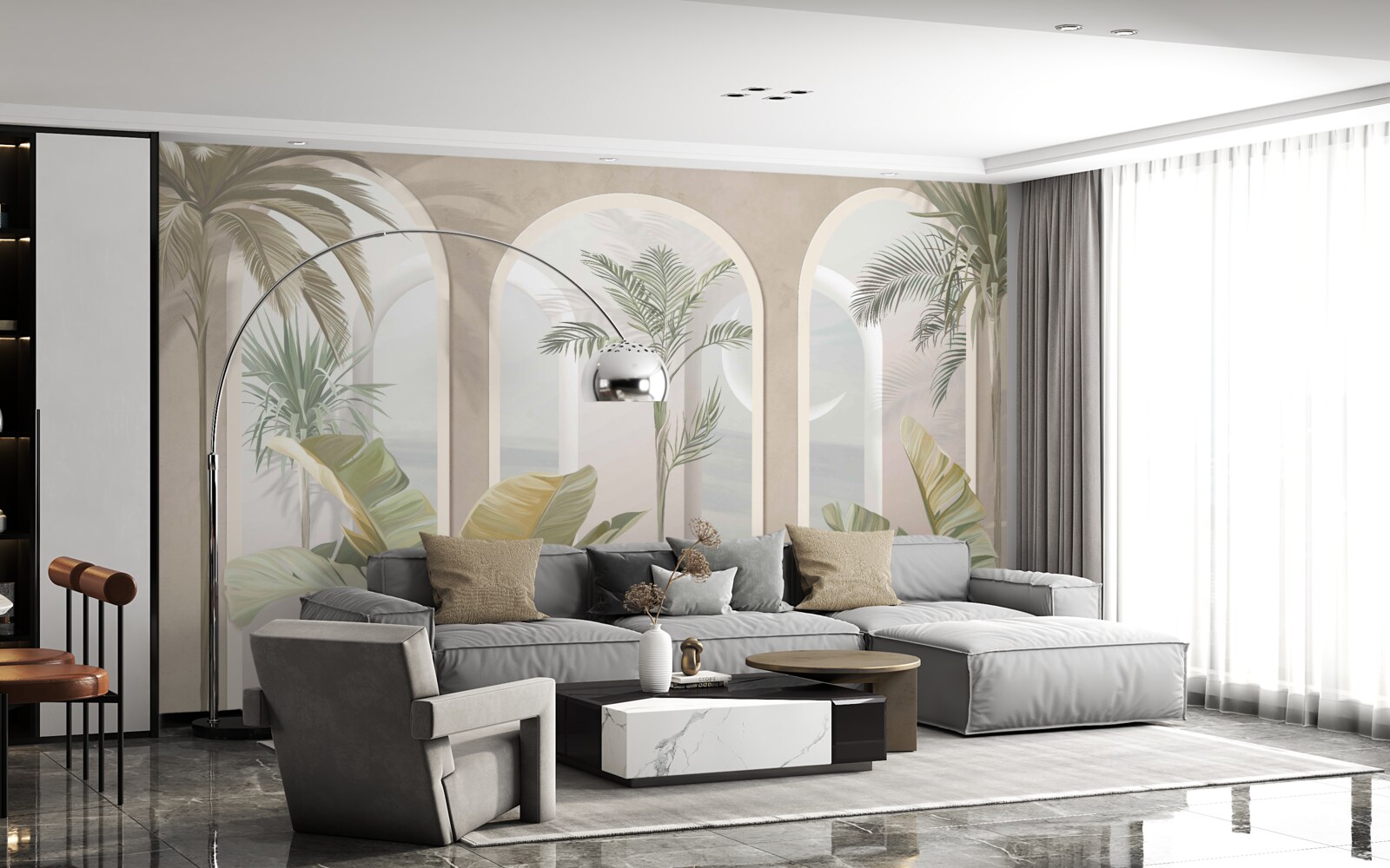 Fotobehang palmbomen en varens onder hoge bogen