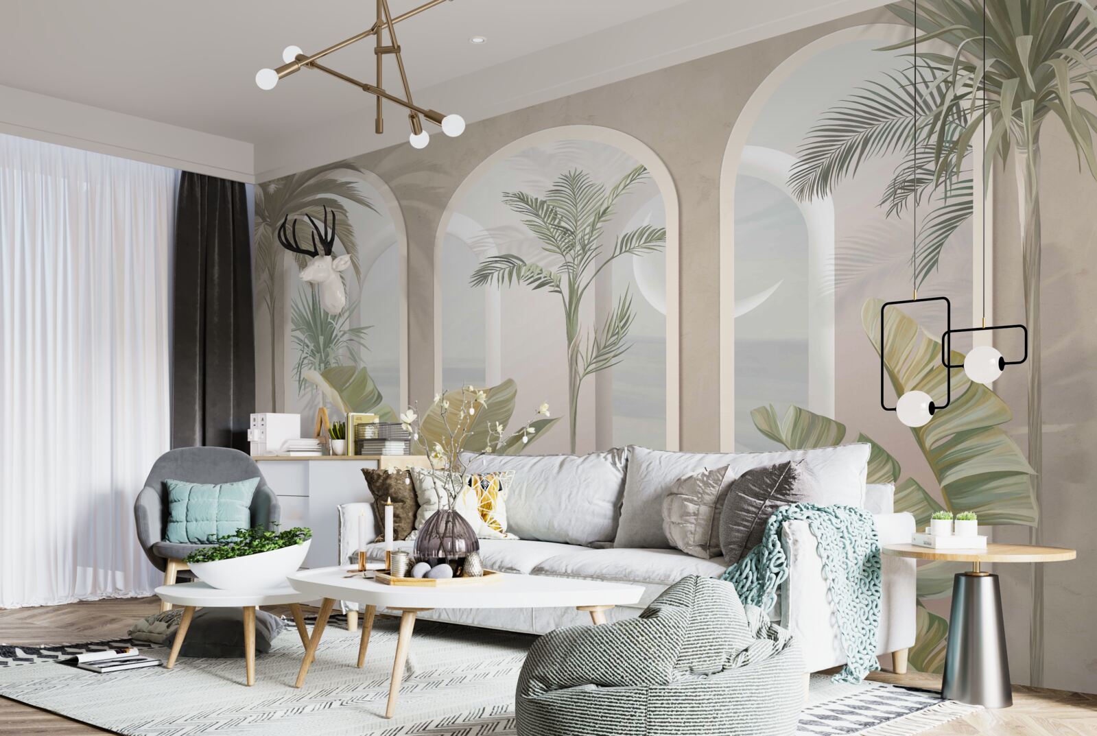 Fotobehang palmbomen en varens onder hoge bogen