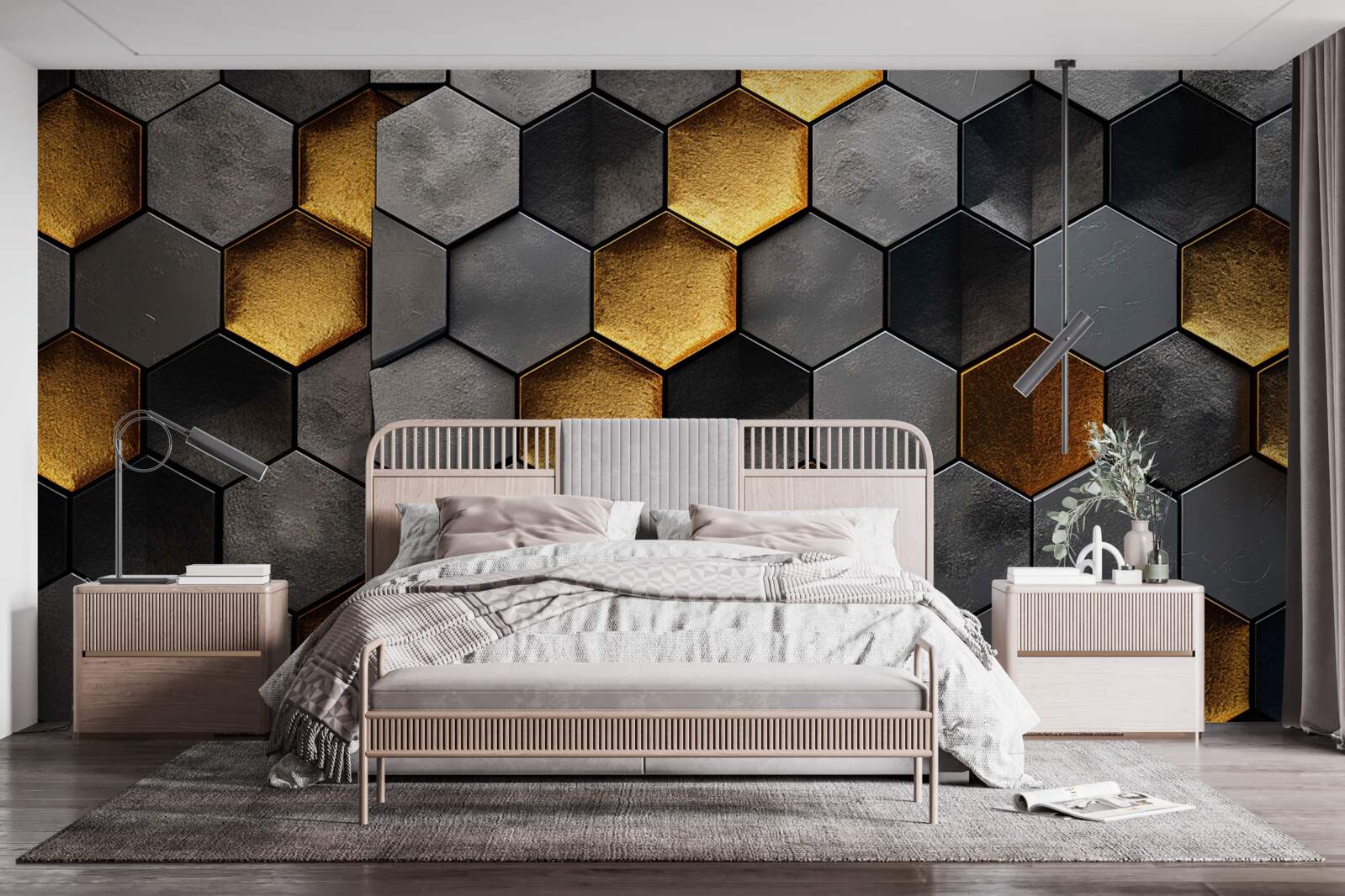 Fotobehang simulatie van bijenkorven met goud