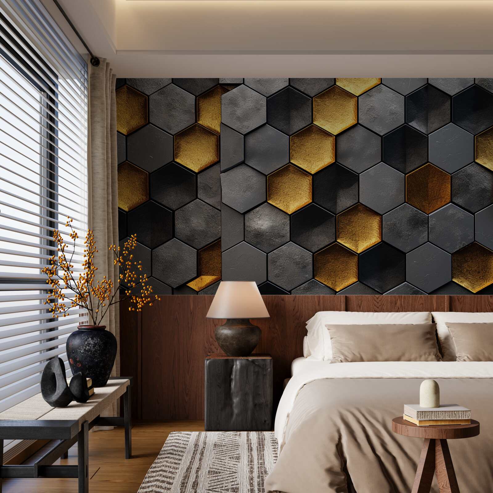 Fotobehang simulatie van bijenkorven met goud