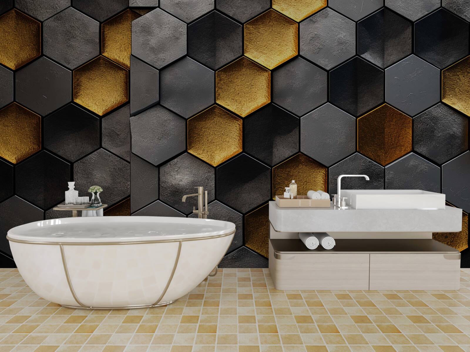 Fotobehang simulatie van bijenkorven met goud