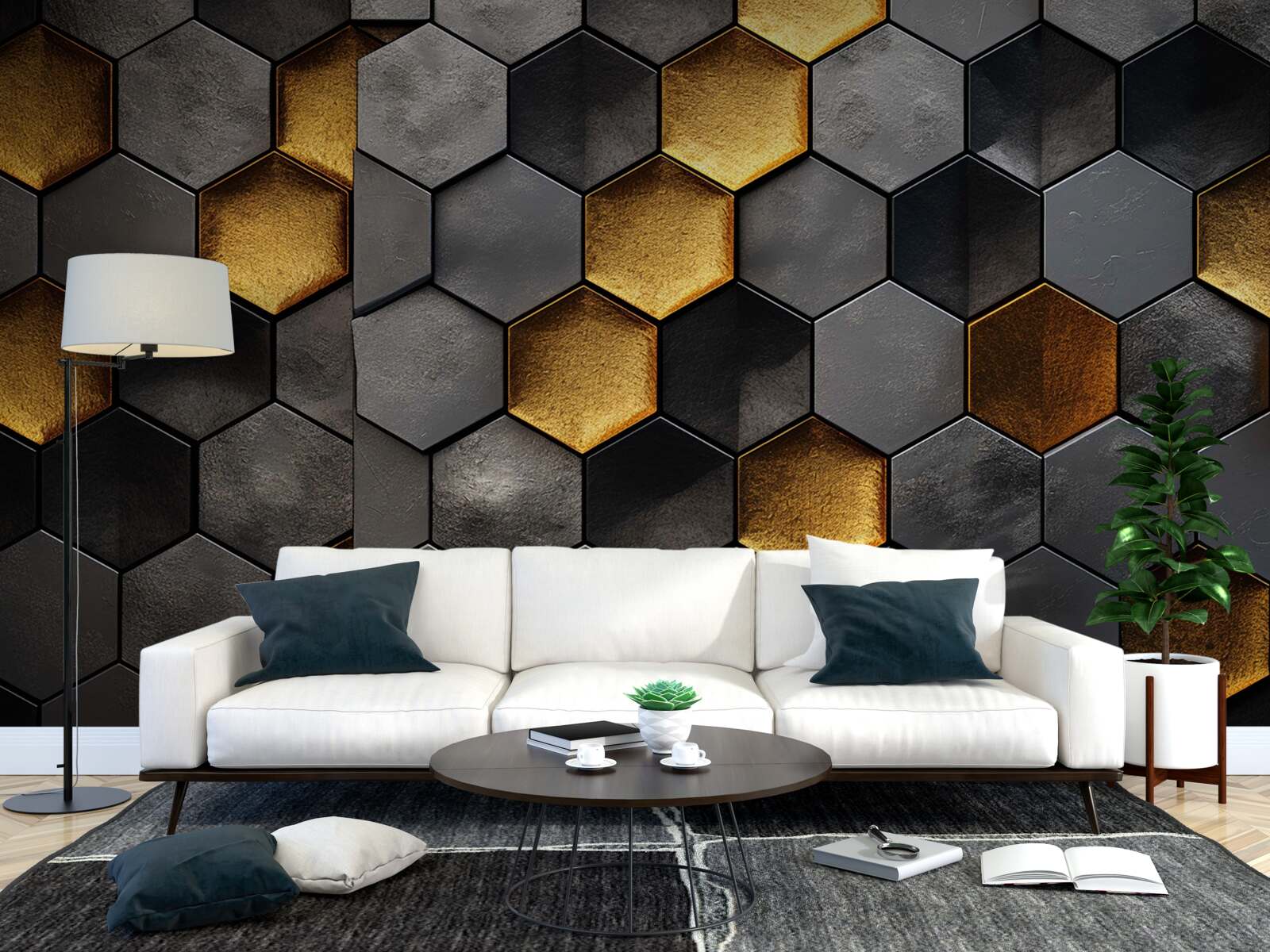 Fotobehang simulatie van bijenkorven met goud