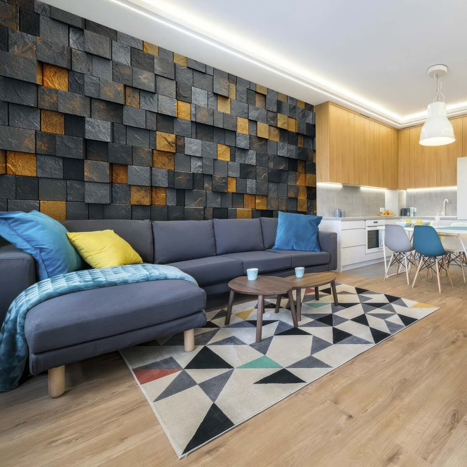 Fotobehang vierkanten van grijs en donkere tinten worden gemengd met goud