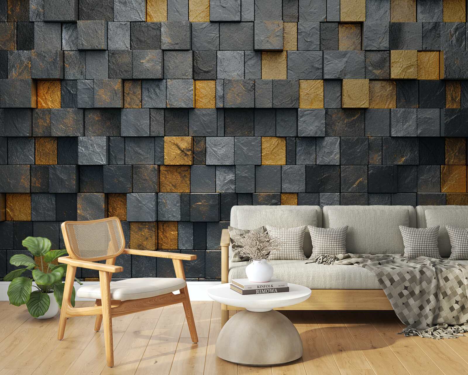 Fotobehang vierkanten van grijs en donkere tinten worden gemengd met goud