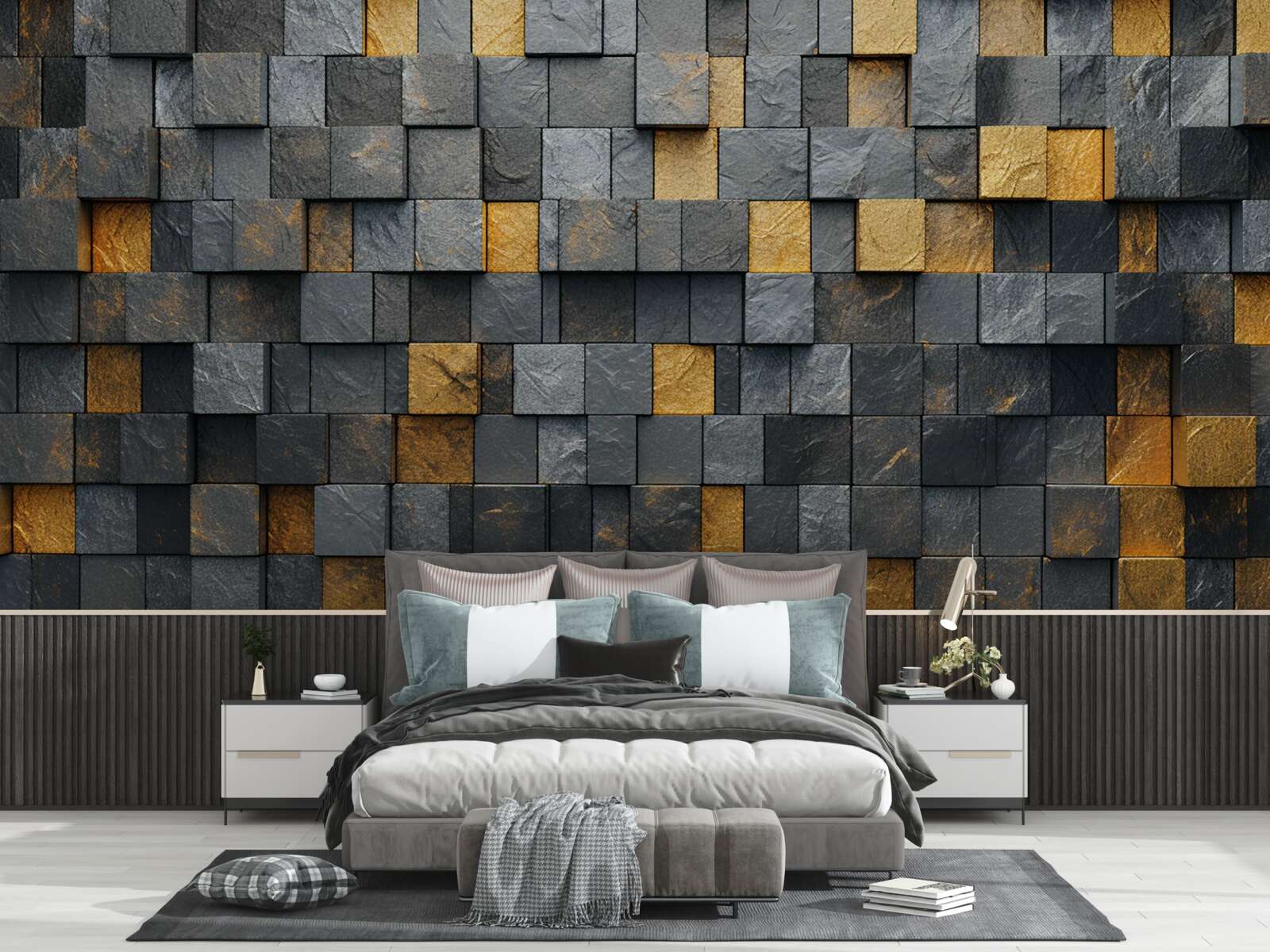 Fotobehang vierkanten van grijs en donkere tinten worden gemengd met goud