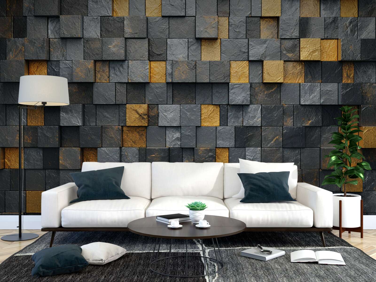 Fotobehang vierkanten van grijs en donkere tinten worden gemengd met goud