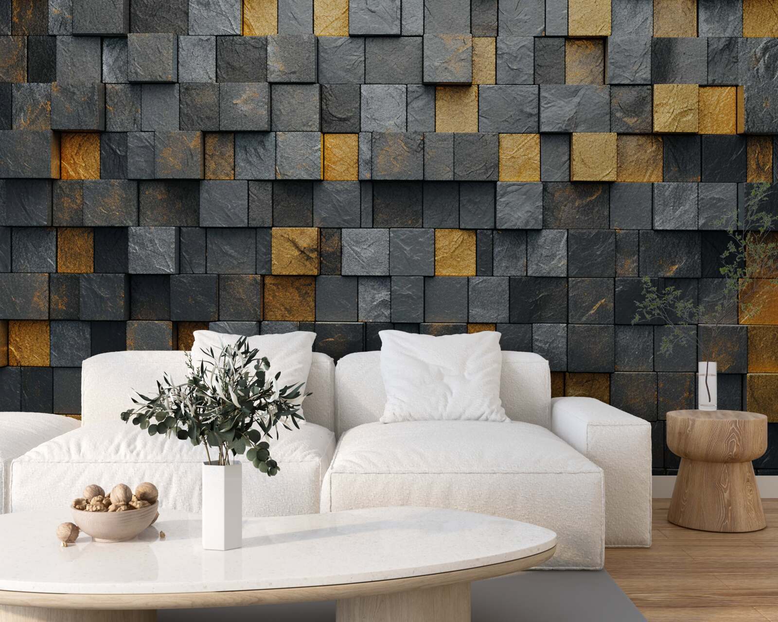 Fotobehang vierkanten van grijs en donkere tinten worden gemengd met goud