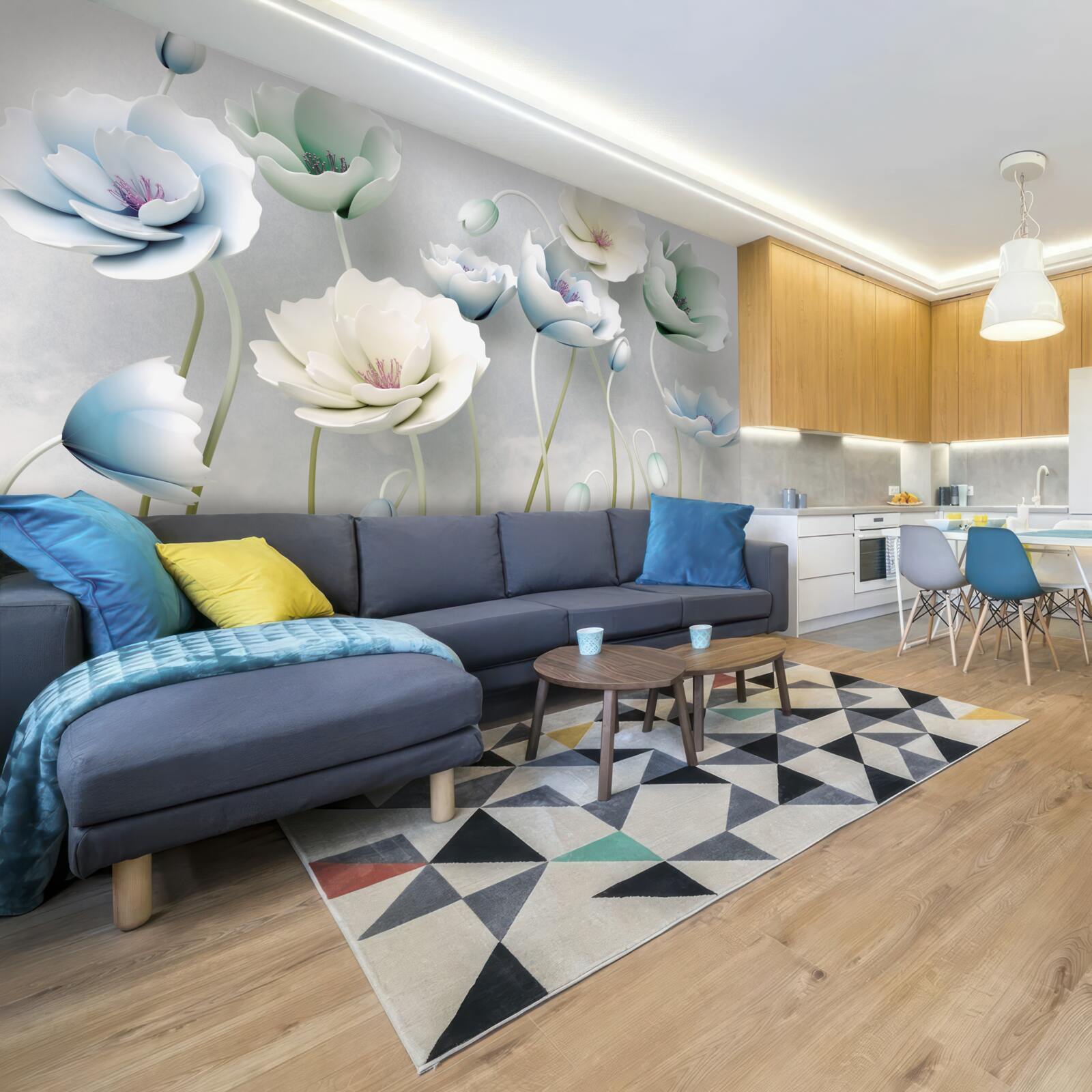 Fotobehang waterdruppels op ranke klaprozen van verschillende tinten