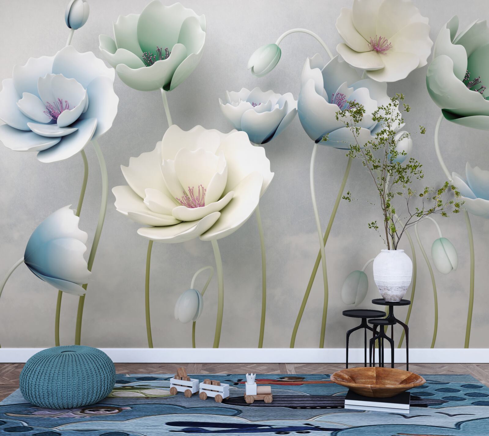 Fotobehang waterdruppels op ranke klaprozen van verschillende tinten