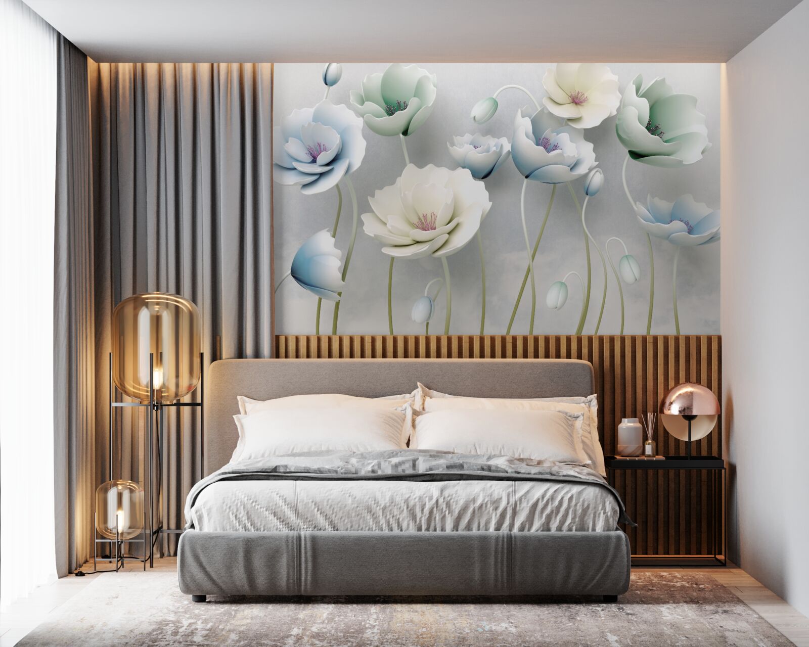 Fotobehang waterdruppels op ranke klaprozen van verschillende tinten