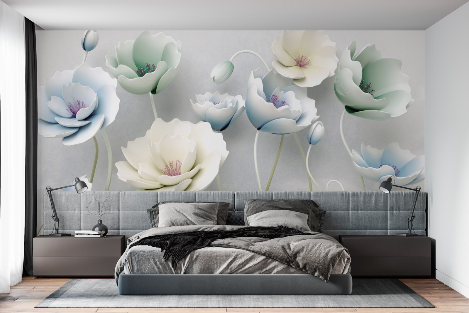 Fotobehang waterdruppels op ranke klaprozen van verschillende tinten