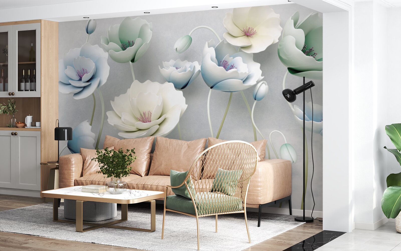 Fotobehang waterdruppels op ranke klaprozen van verschillende tinten