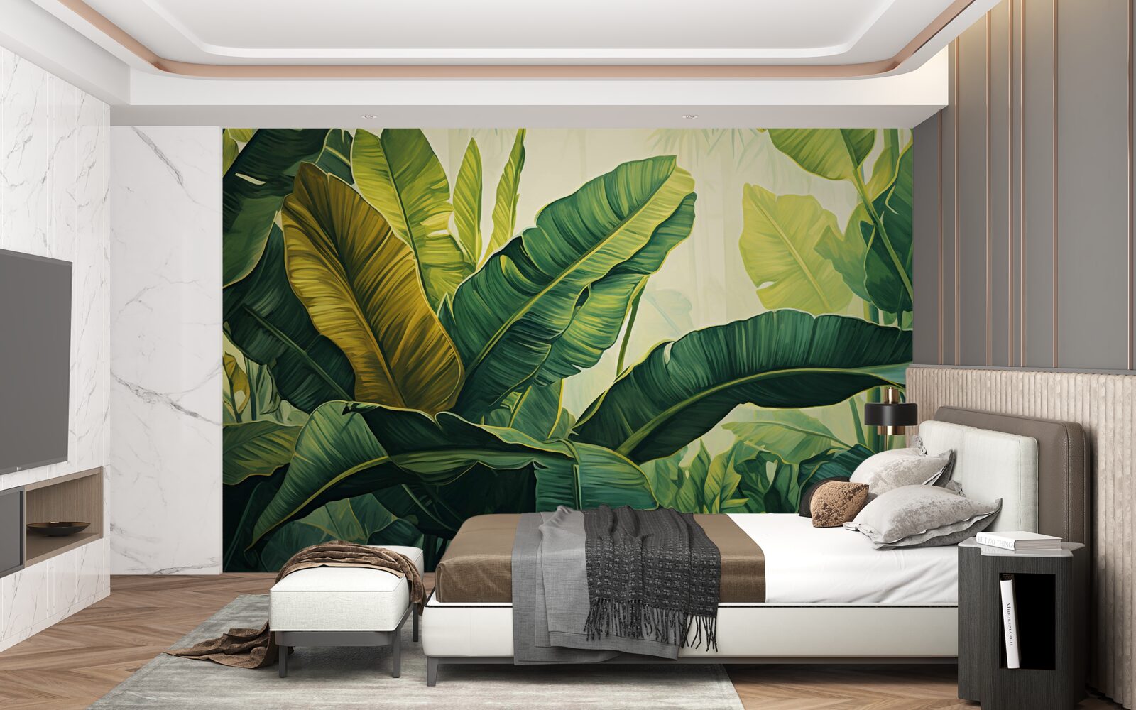 Fotobehang grote junglebladeren doordrenkt met een rijke groene kleur