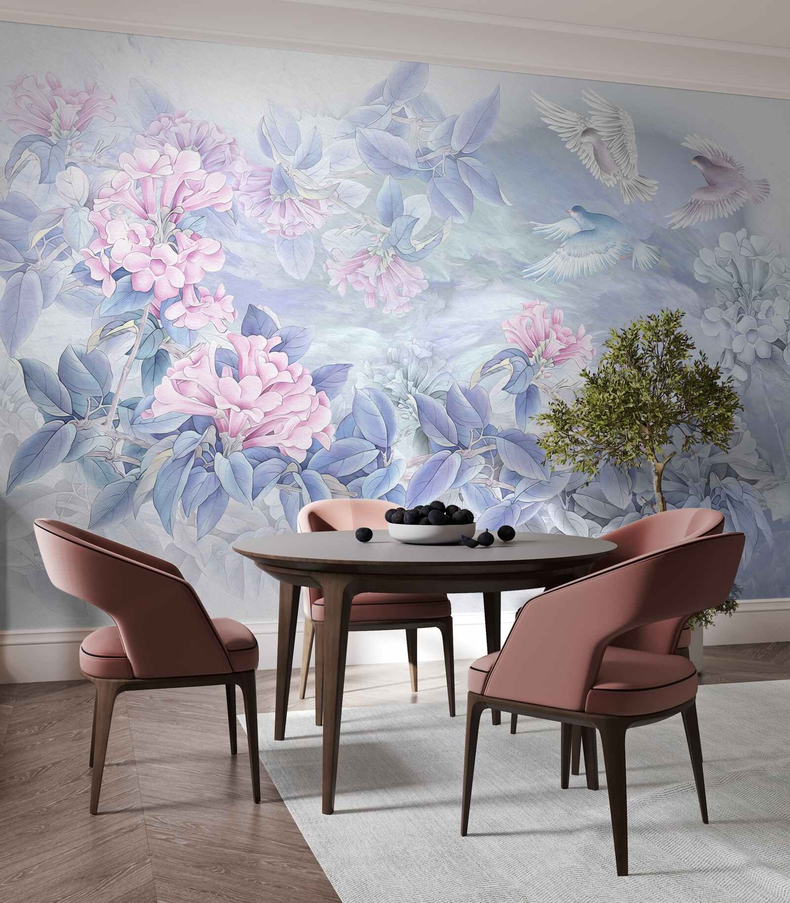 Fotobehang de takken zijn blauw, overdekt met roze bloemen