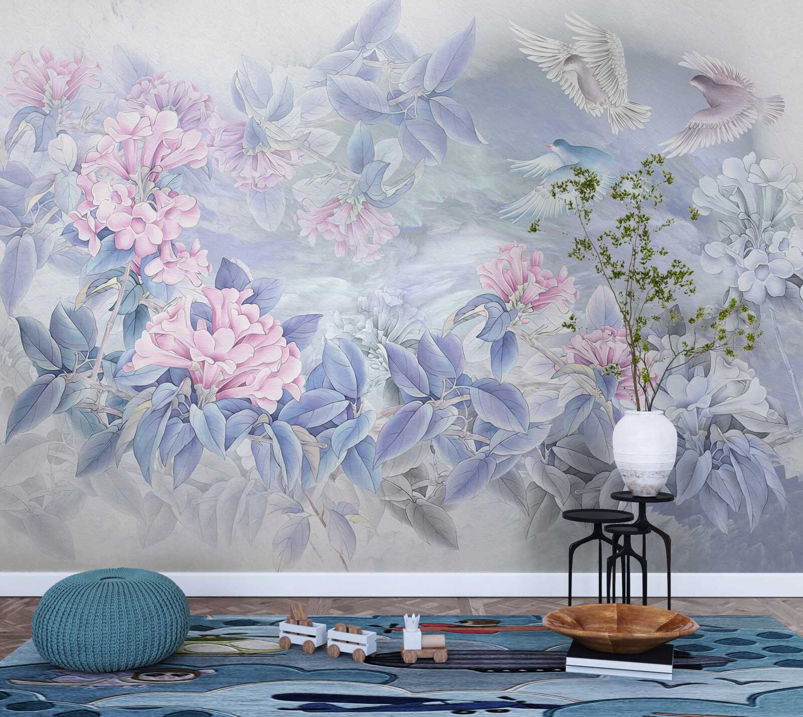 Fotobehang de takken zijn blauw, overdekt met roze bloemen