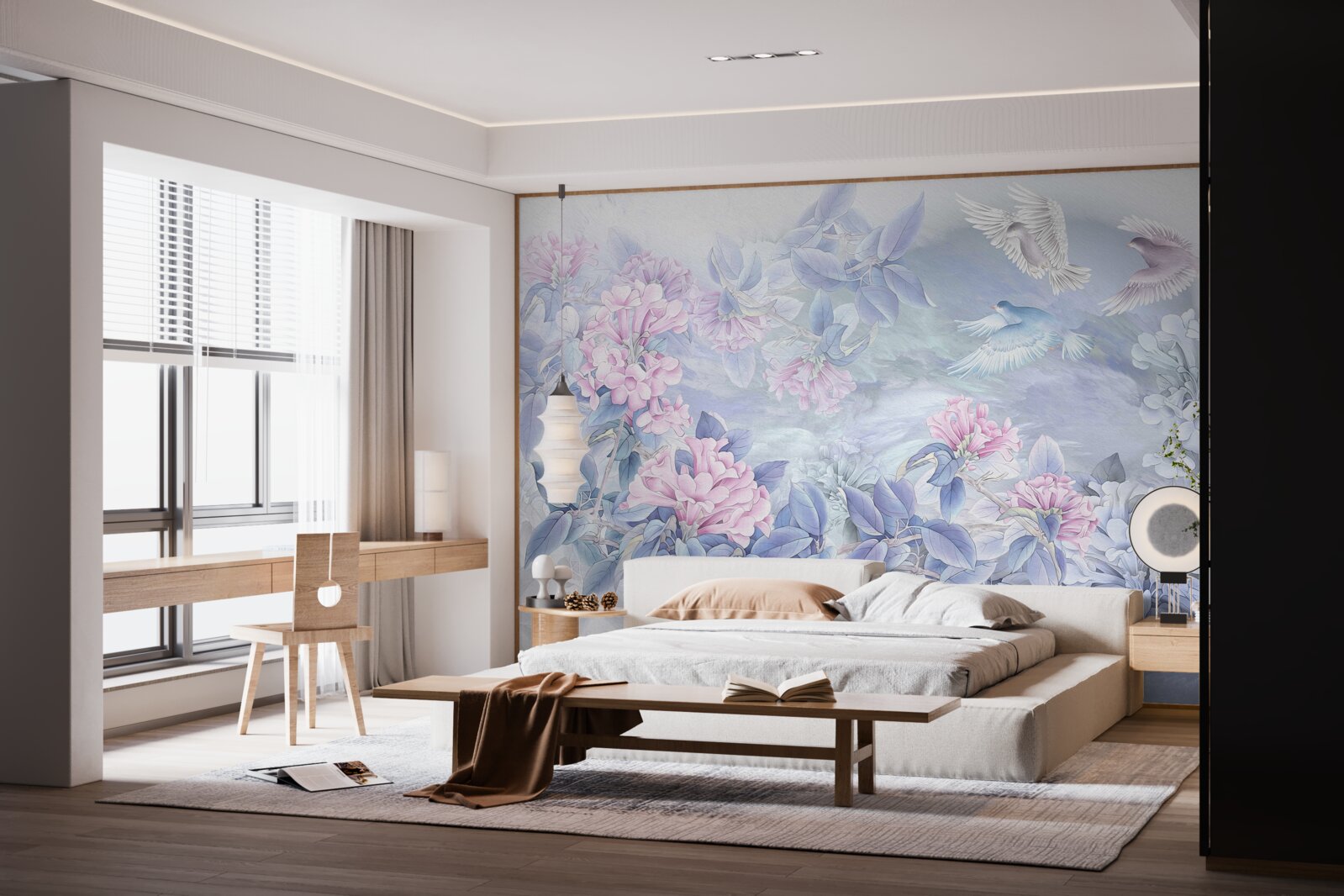 Fotobehang de takken zijn blauw, overdekt met roze bloemen