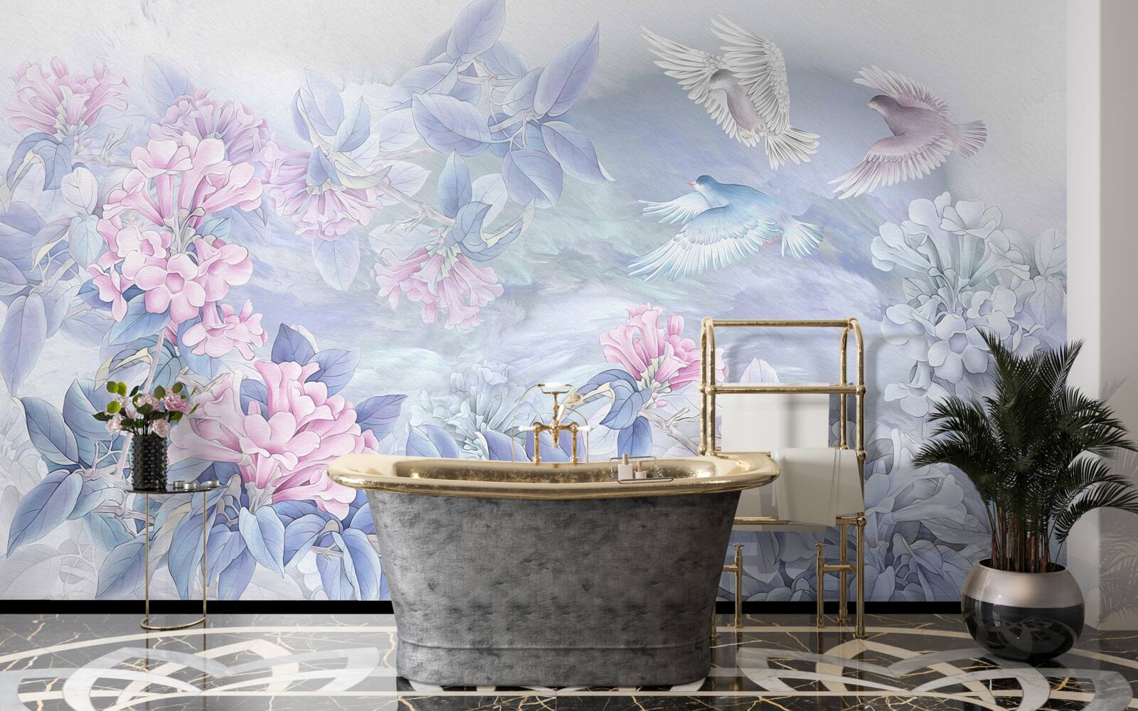 Fotobehang de takken zijn blauw, overdekt met roze bloemen