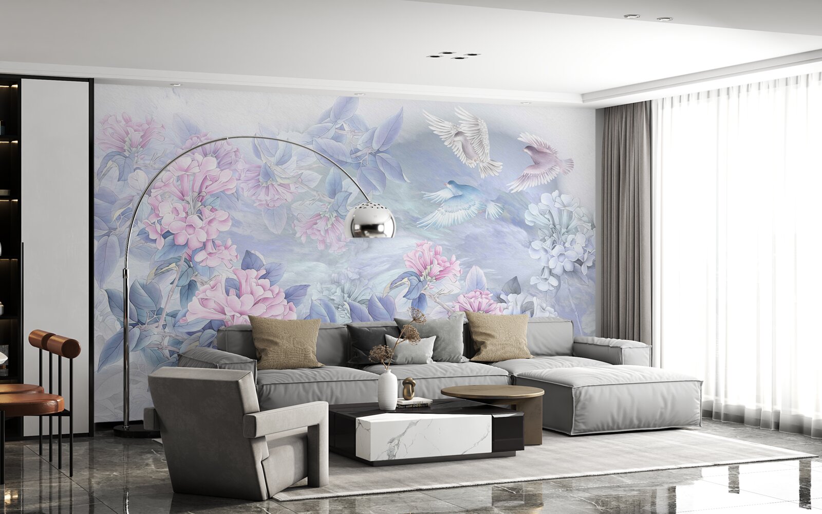 Fotobehang de takken zijn blauw, overdekt met roze bloemen