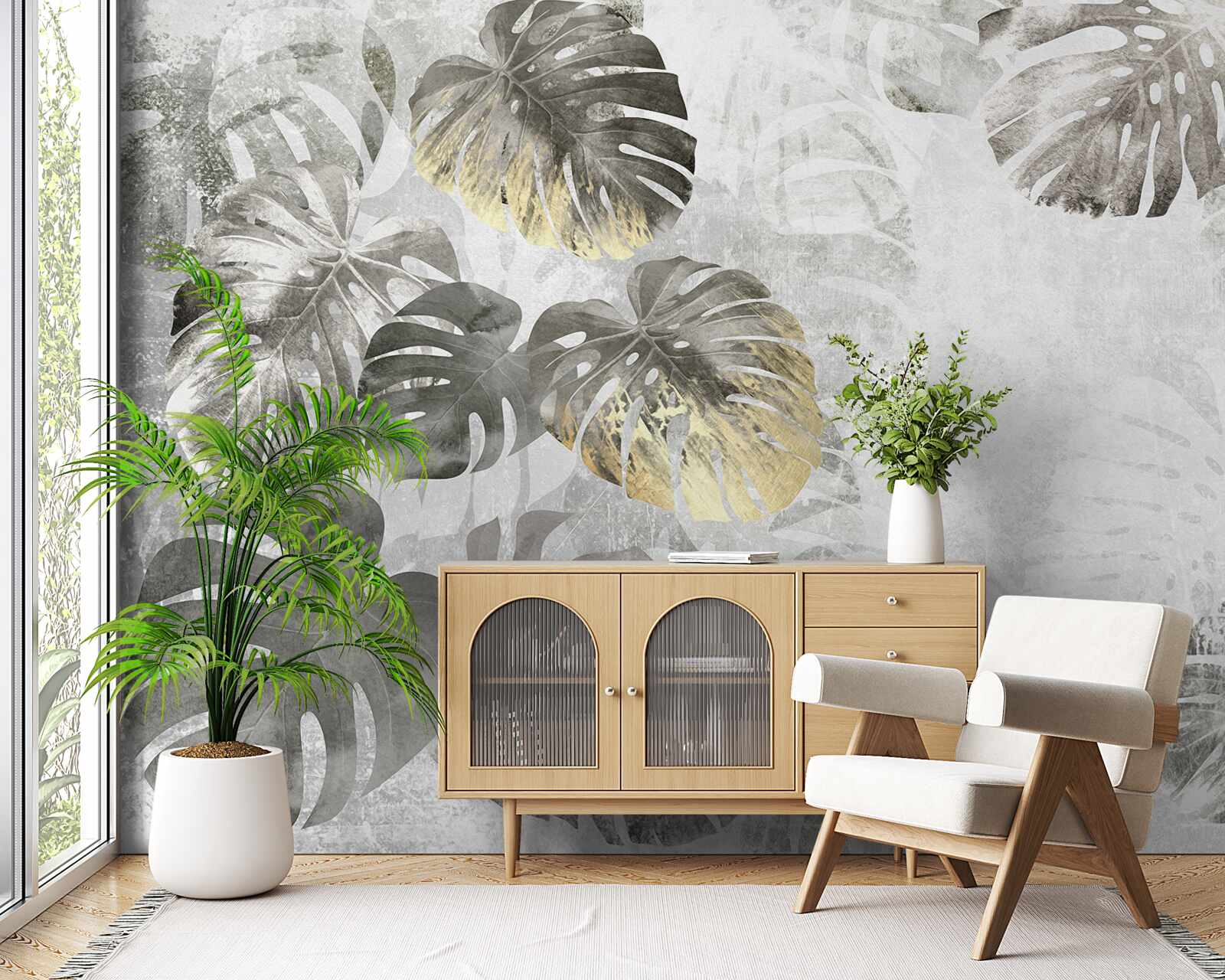 Fotobehang monstera op groot formaat in de mist