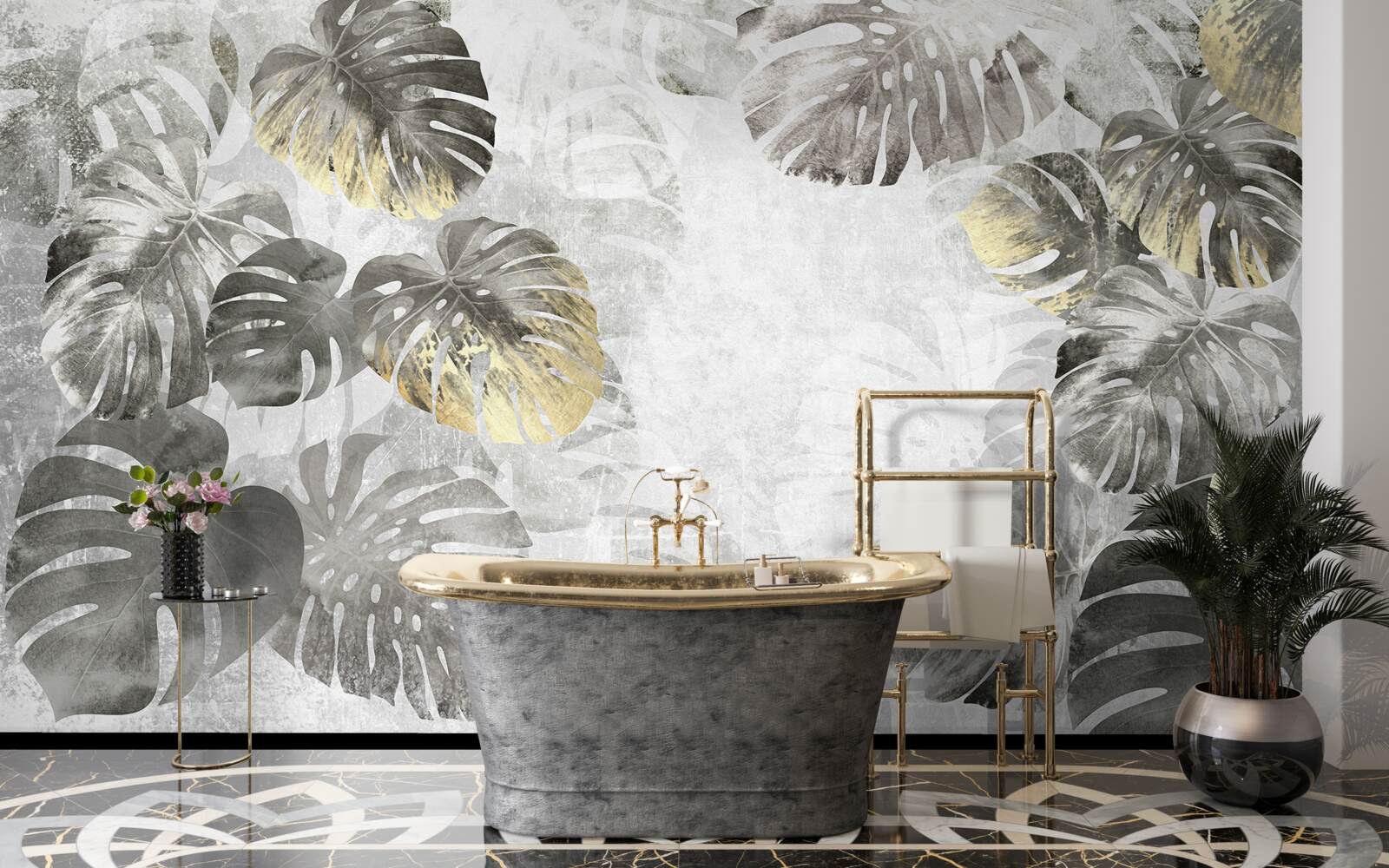 Fotobehang monstera op groot formaat in de mist