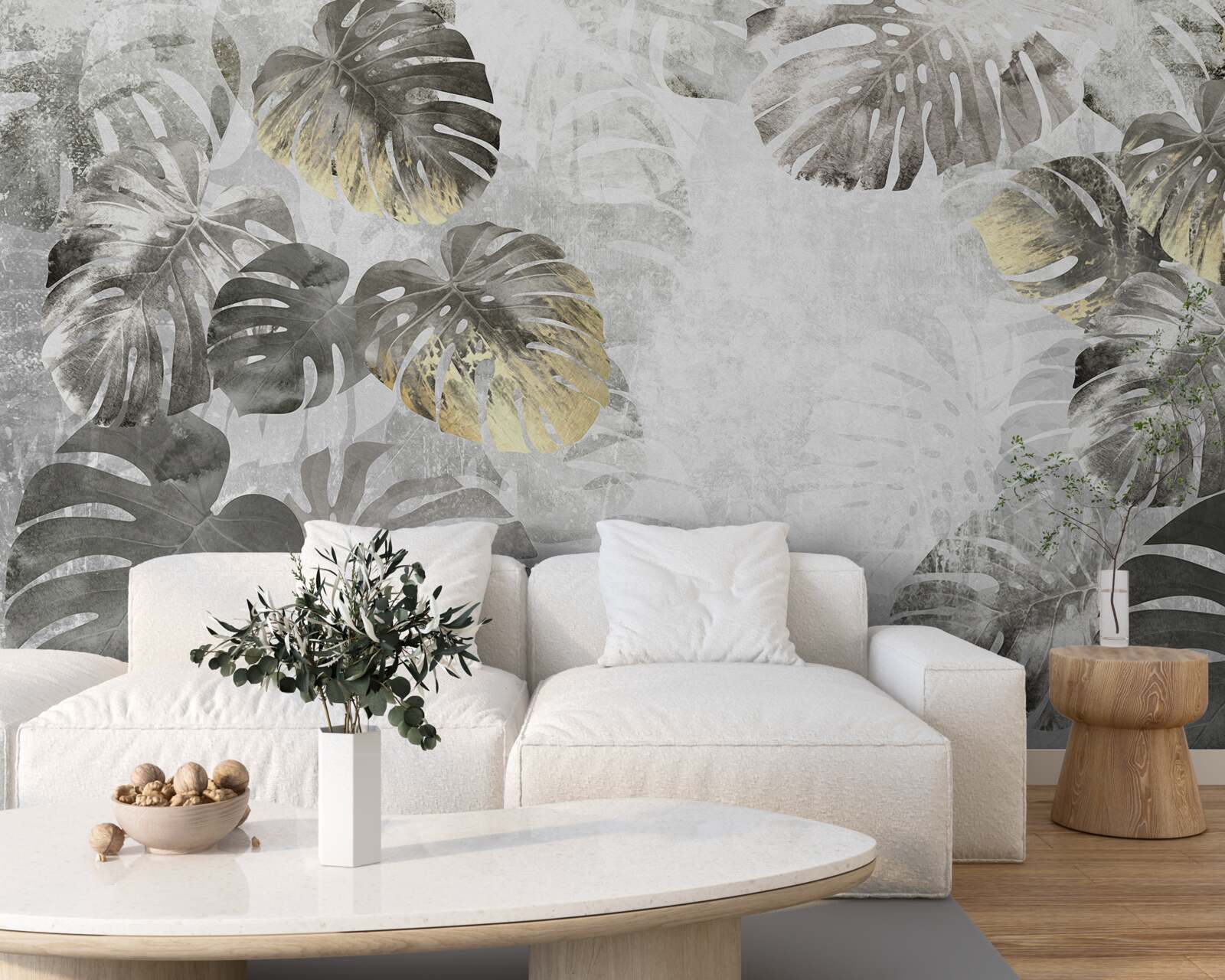 Fotobehang monstera op groot formaat in de mist