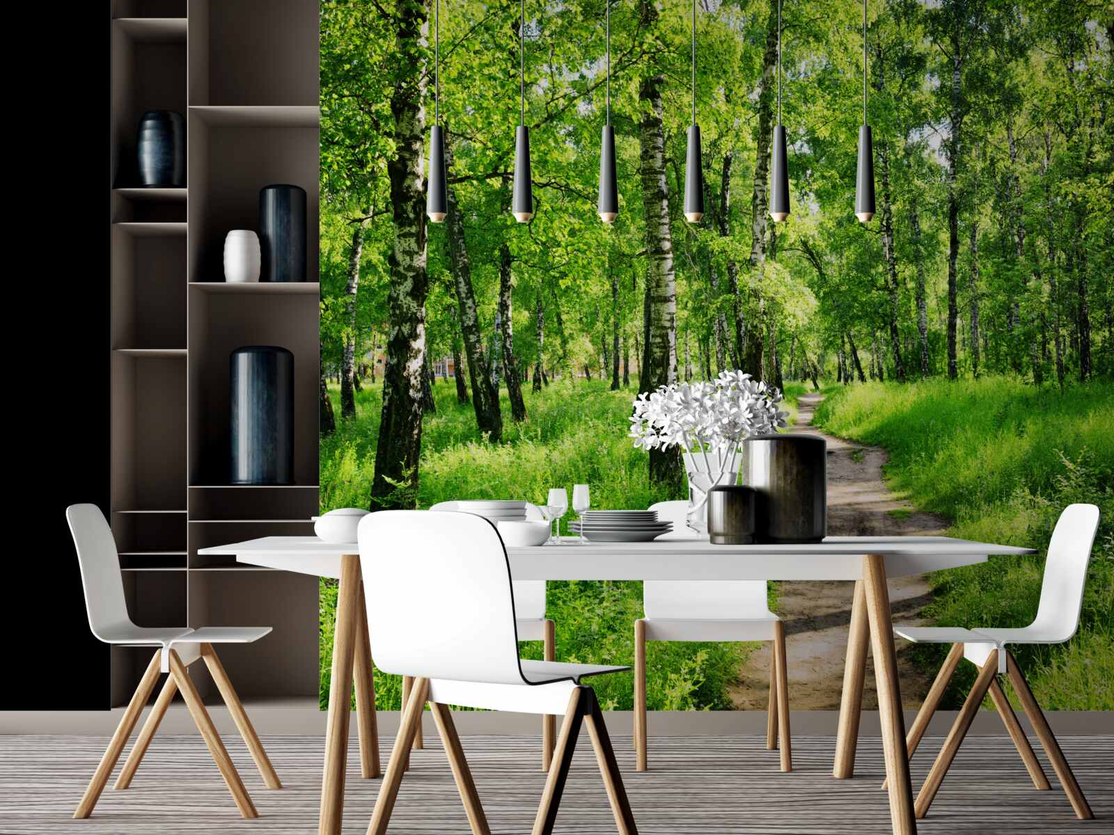 Fotobehang Pad door een berkenbos