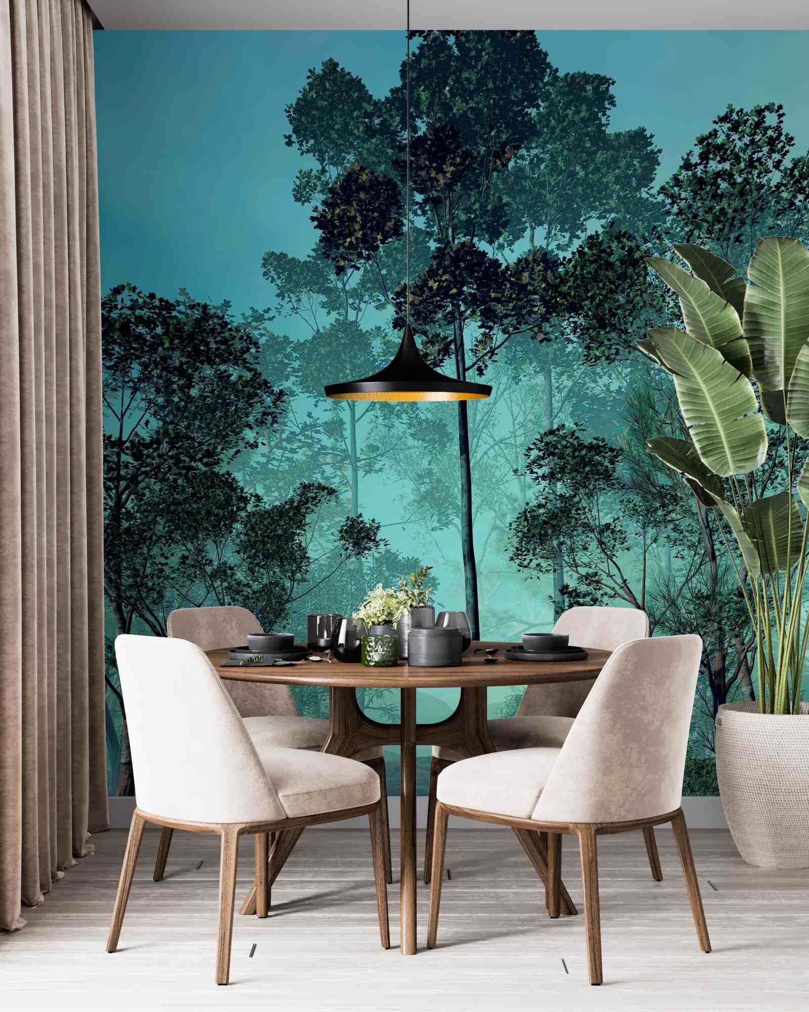 Fotobehang betoverend bos gehuld in dichte mist