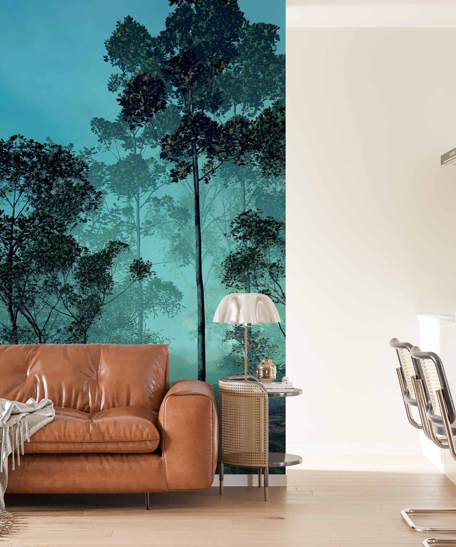 Fotobehang betoverend bos gehuld in dichte mist