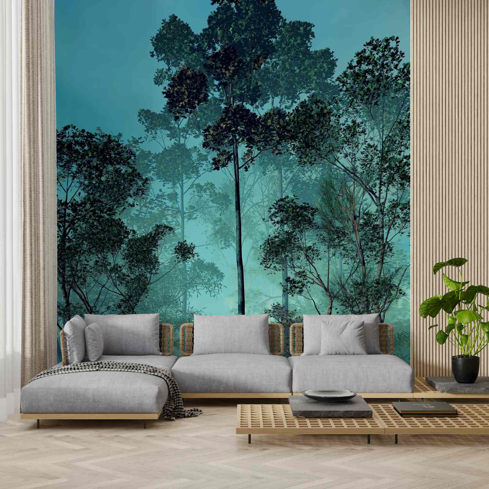 Fotobehang betoverend bos gehuld in dichte mist