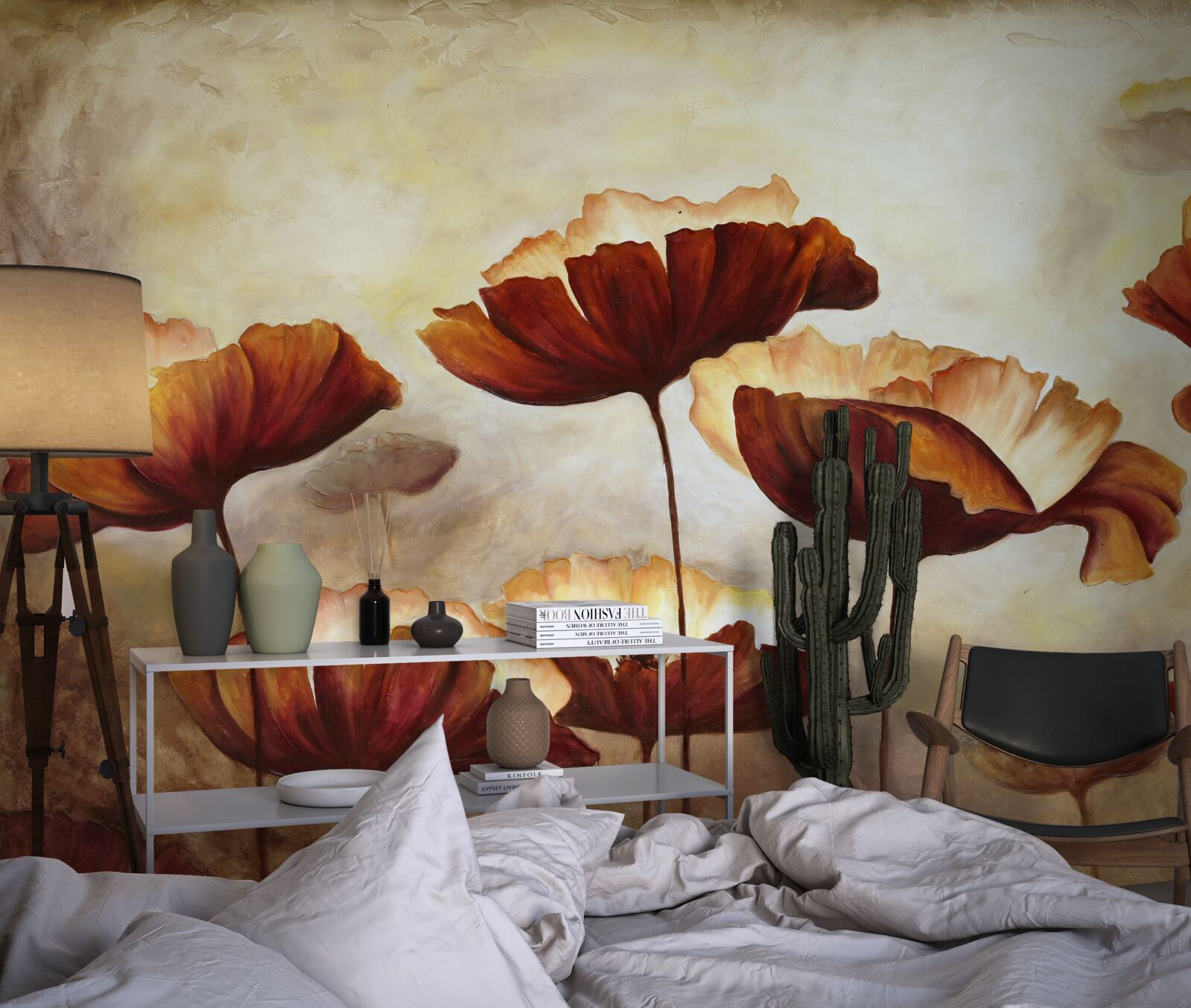 Fotobehang slanke rode klaprozen ontmoeten de dageraad