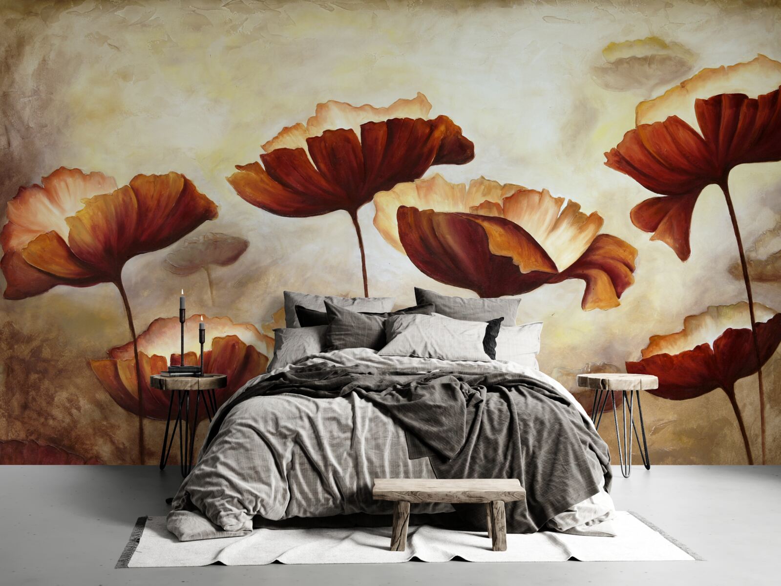 Fotobehang slanke rode klaprozen ontmoeten de dageraad