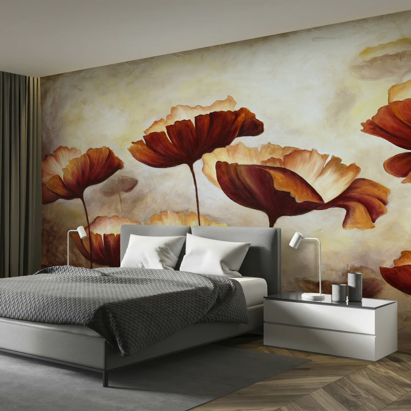 Fotobehang slanke rode klaprozen ontmoeten de dageraad