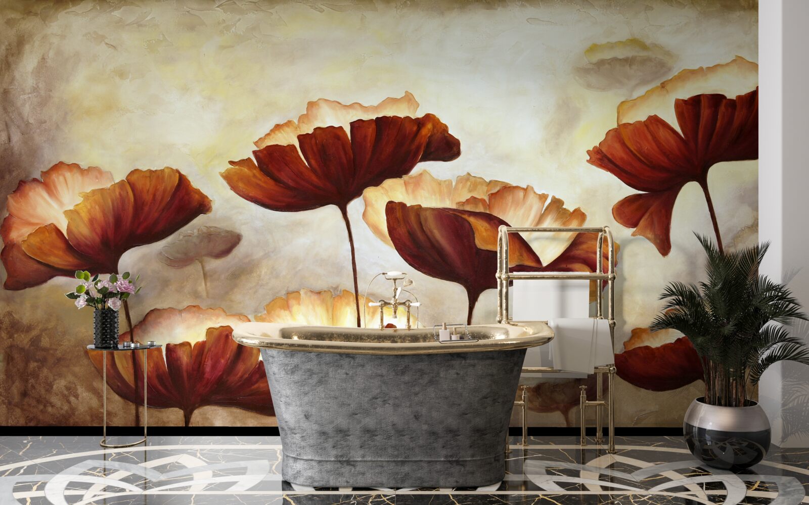 Fotobehang slanke rode klaprozen ontmoeten de dageraad