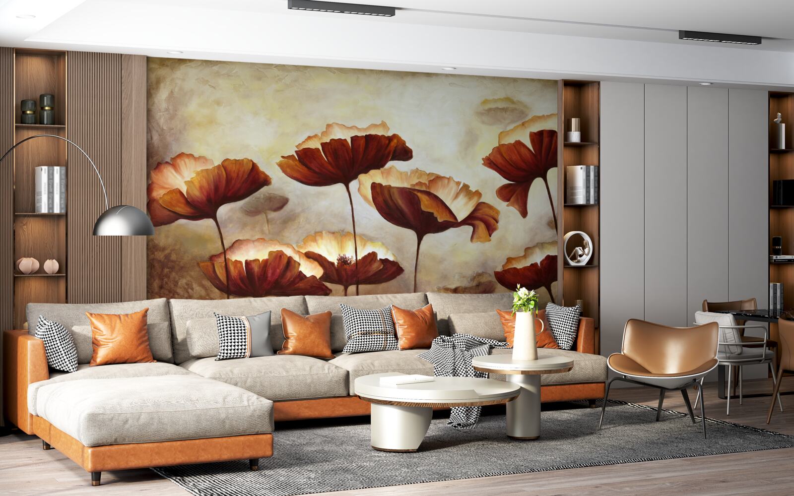 Fotobehang slanke rode klaprozen ontmoeten de dageraad